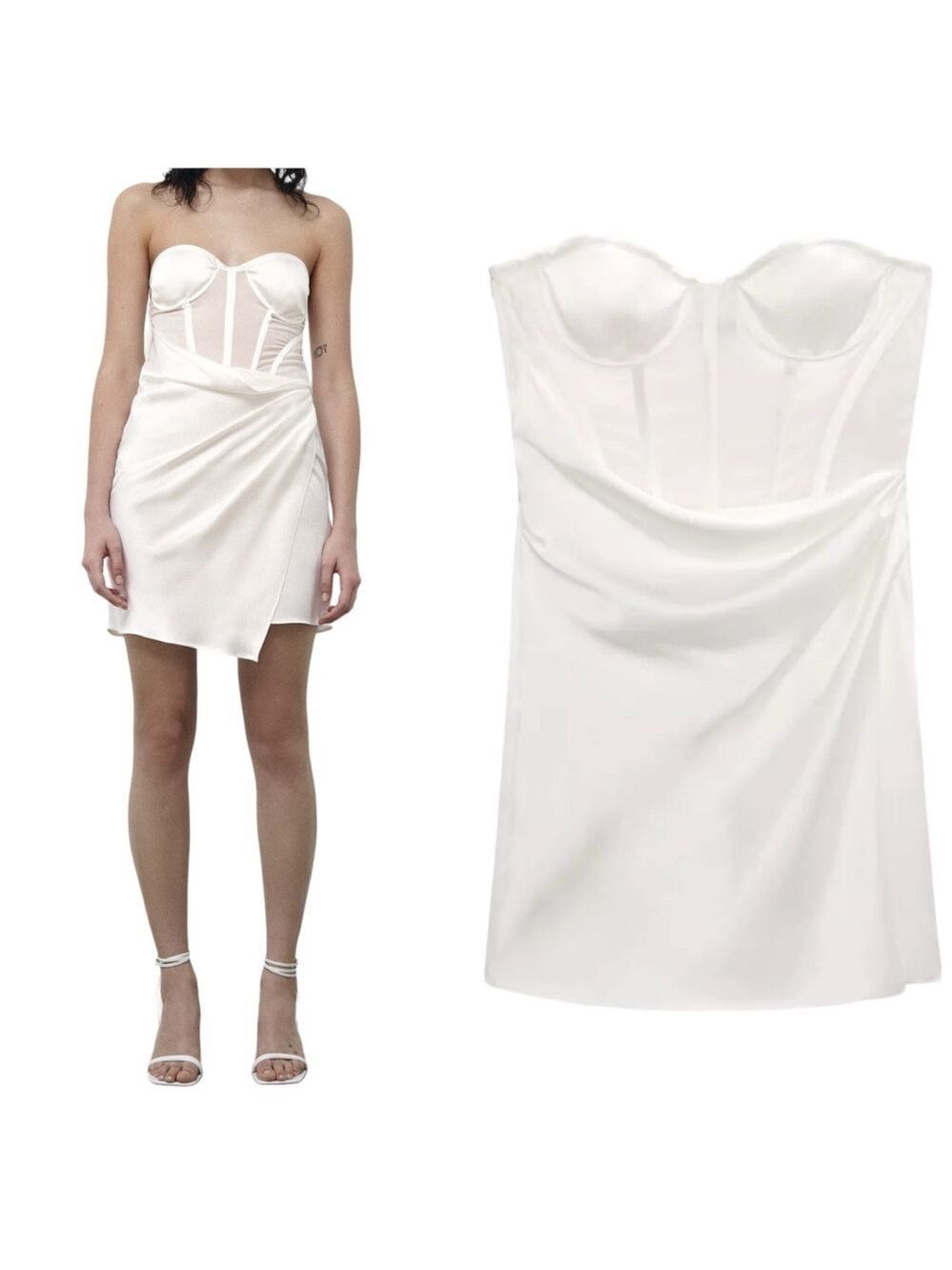 Zara Satin Effect Corset Bandeau Mini White Dress with Sheer Top and Wrap Skirt